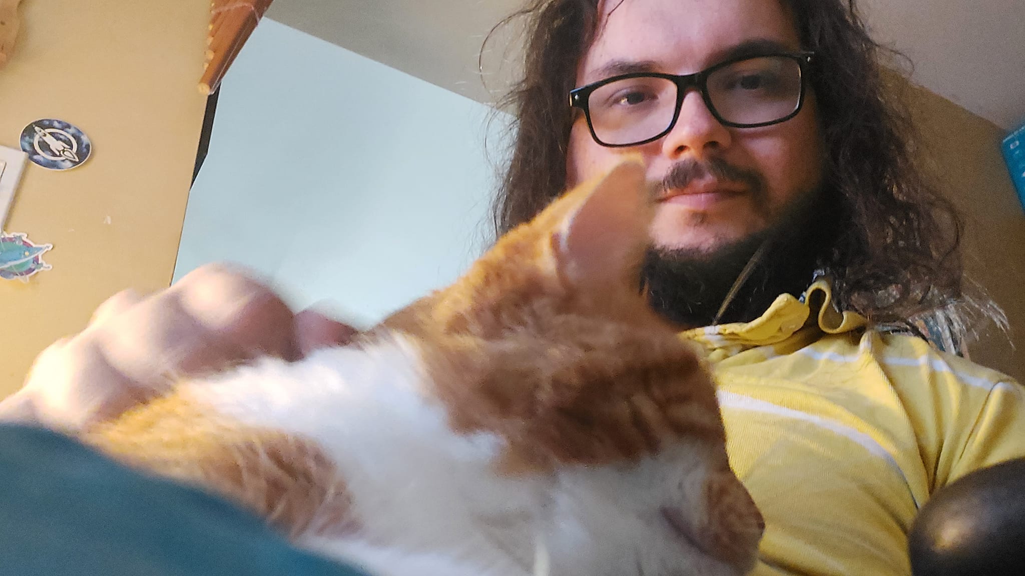 An orange cat is with a man with long dark hair, photo 2